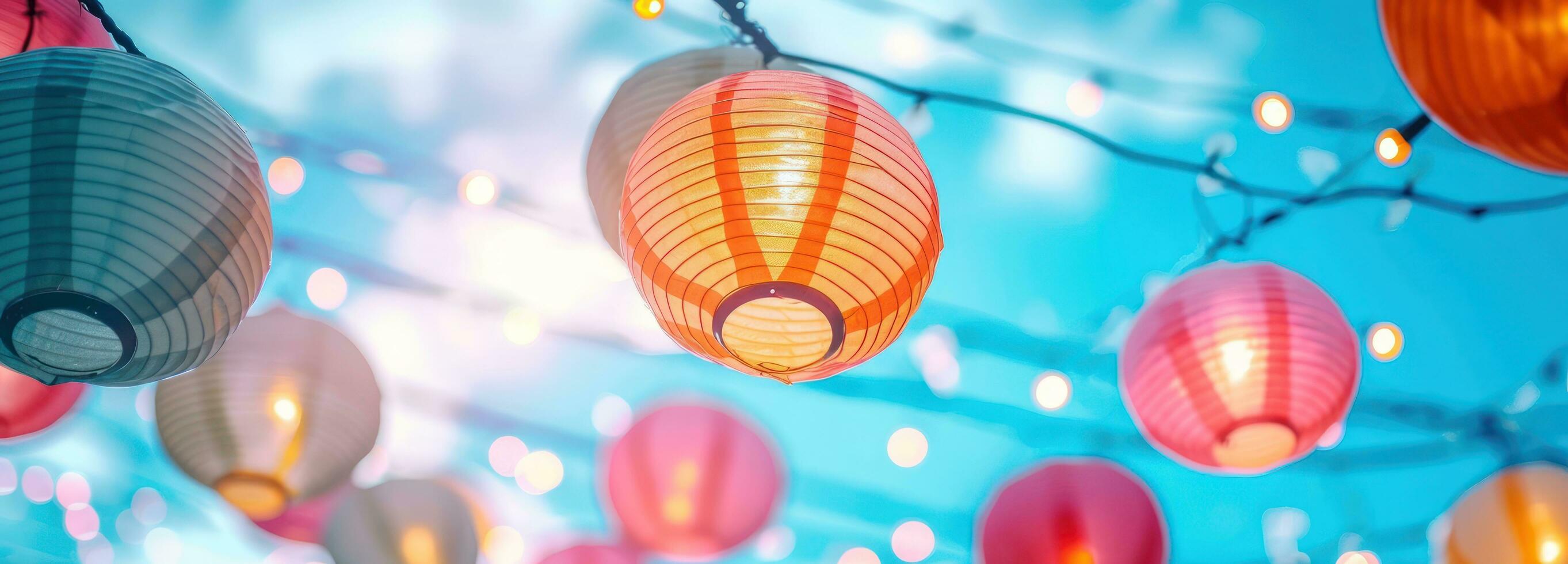 AI generated colorful paper lanterns hanging above a blue sky photo