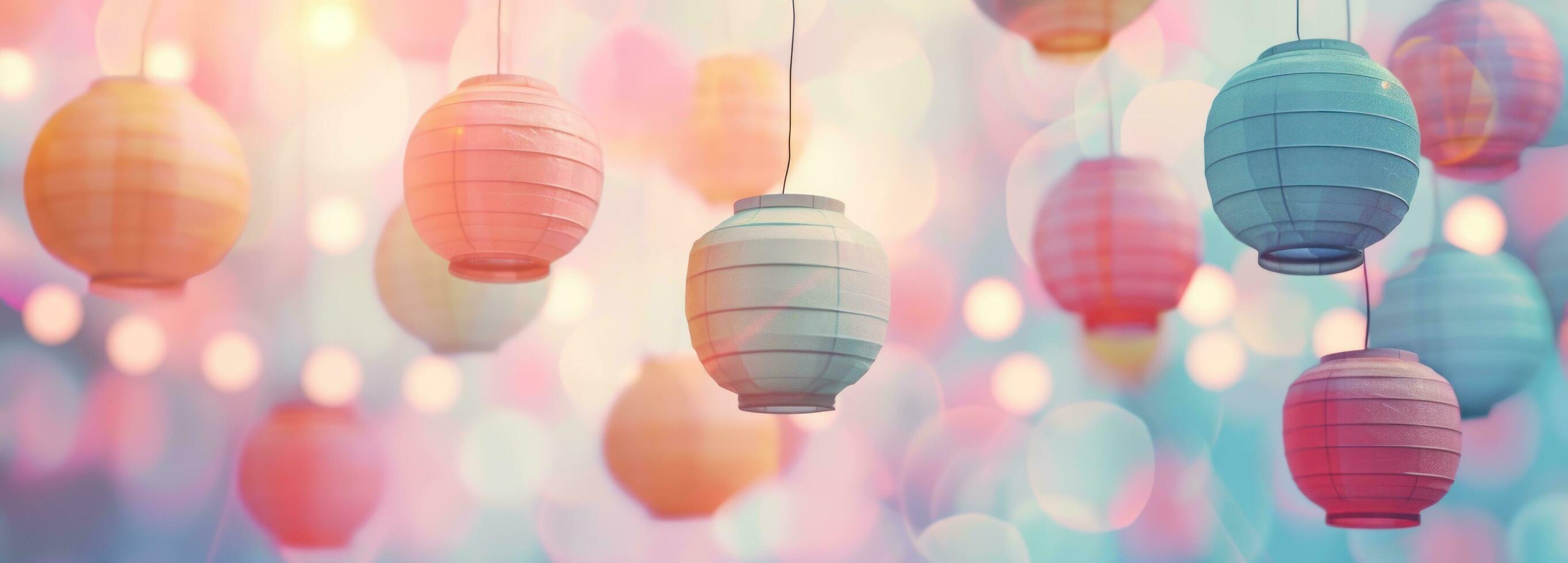 AI generated colorful paper lanterns hanging above a blue sky photo