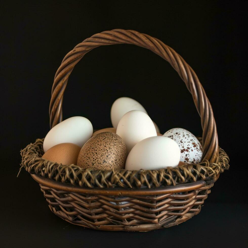 AI generated an empty basket holding white, brown, and mixed eggs photo