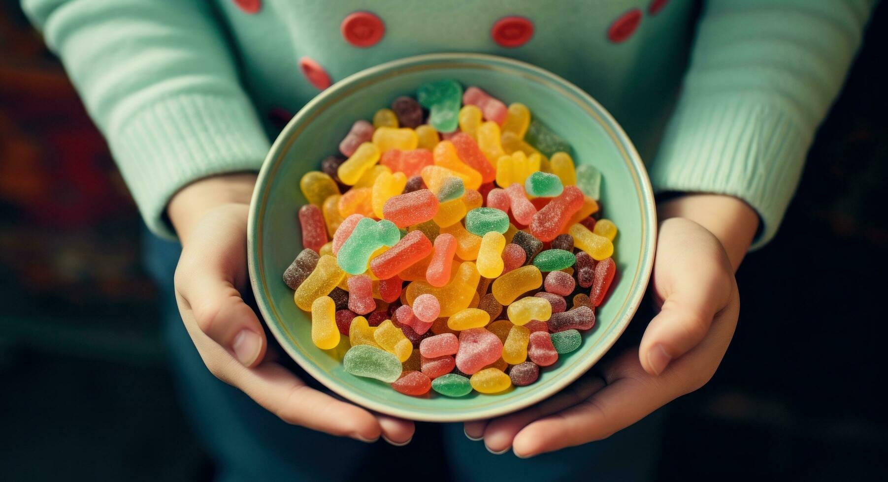 AI generated children's hands holding a large bowl of candy photo