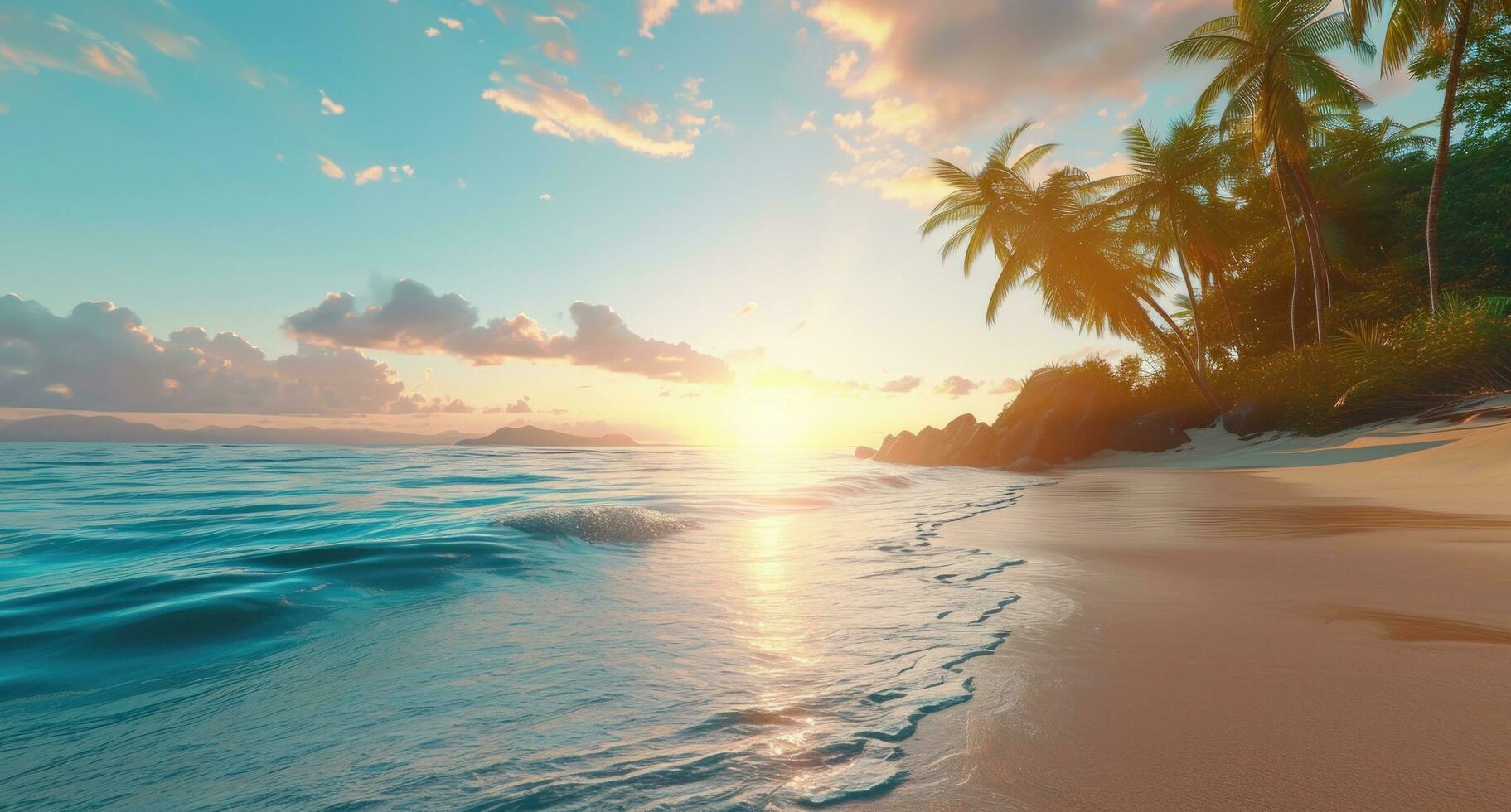 AI generated beach at sunset stock backgrounds photo
