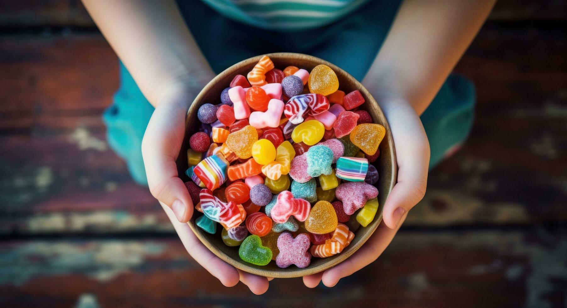 AI generated children's hands holding a large bowl of candy photo