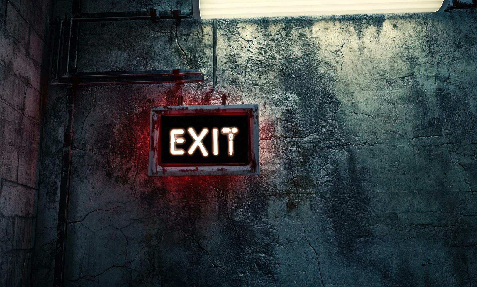 AI generated exit banner hang hanging on a wall with concrete background exit sign photo