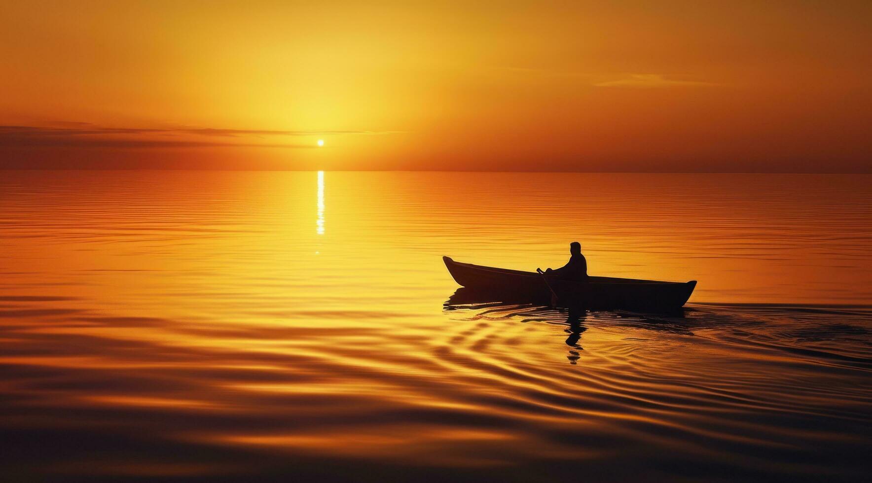 AI generated person rowing a boat at sunset in beautiful body of water photo