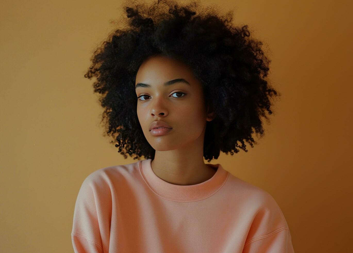 AI generated image of woman wearing a pink sweatshirt photo