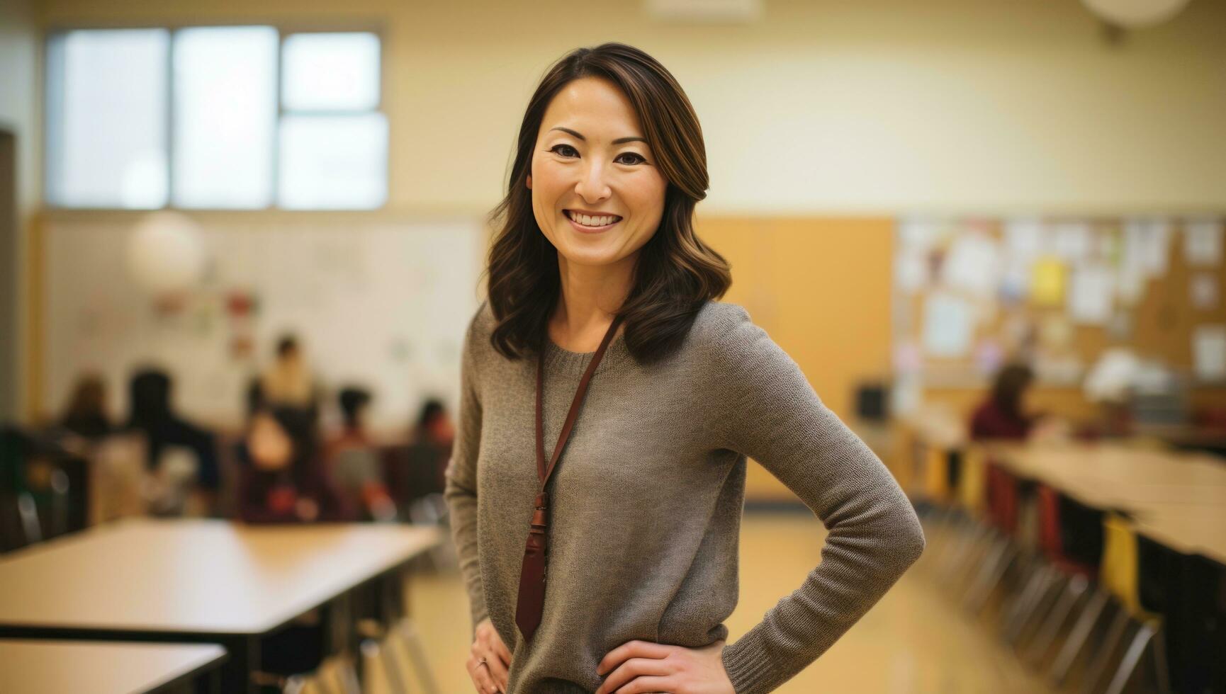 AI generated school teacher poses for pictures in a classroom photo