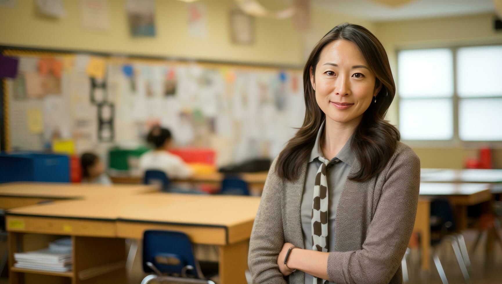 AI generated school teacher poses for pictures in a classroom photo