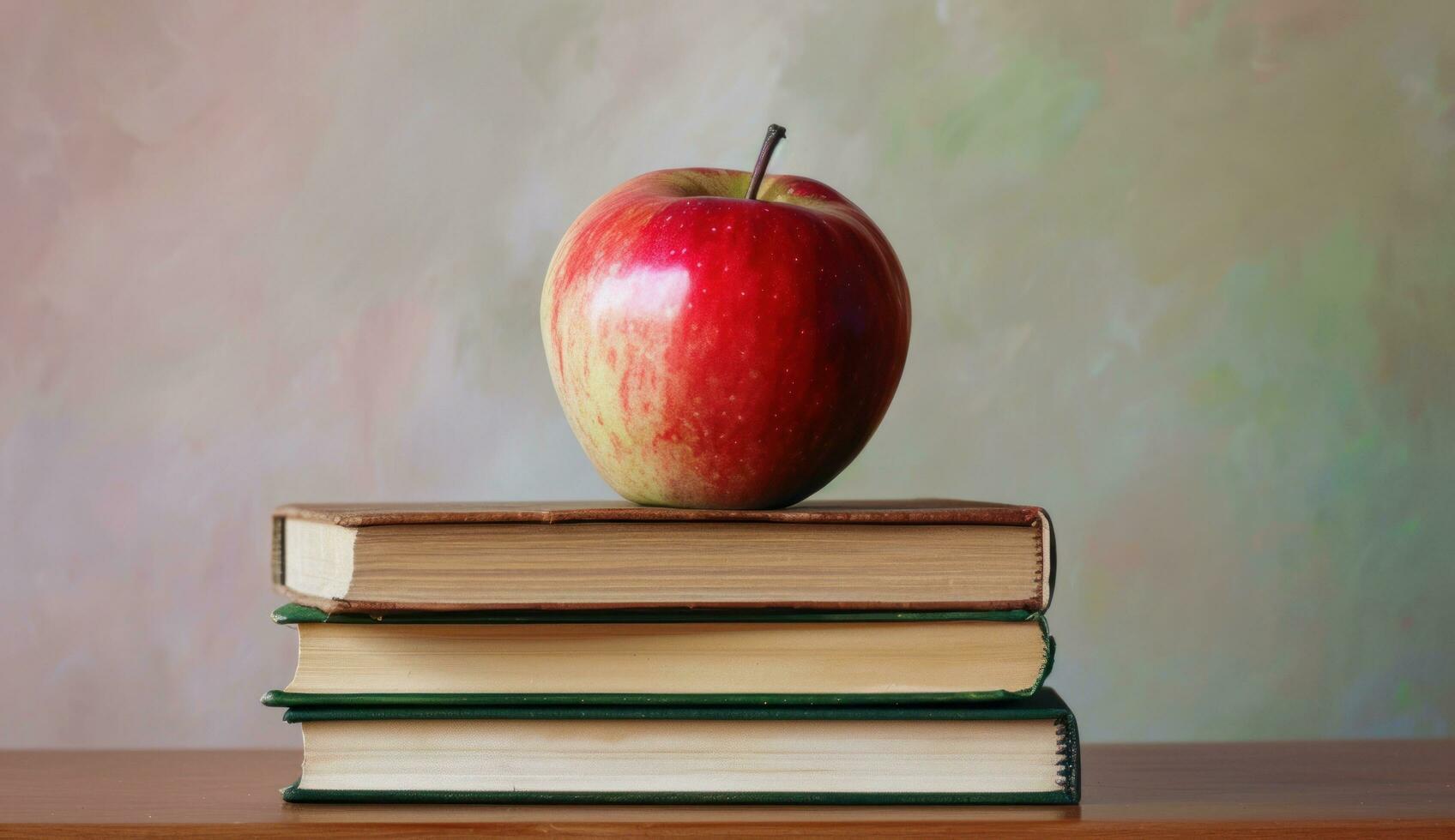 AI generated red apple on top of four books with background photo