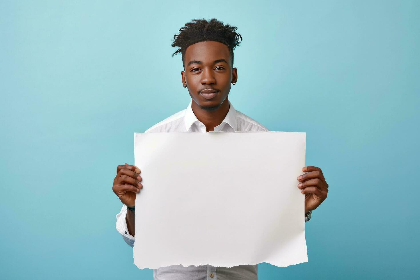 AI generated young black man holding blank print sign photo