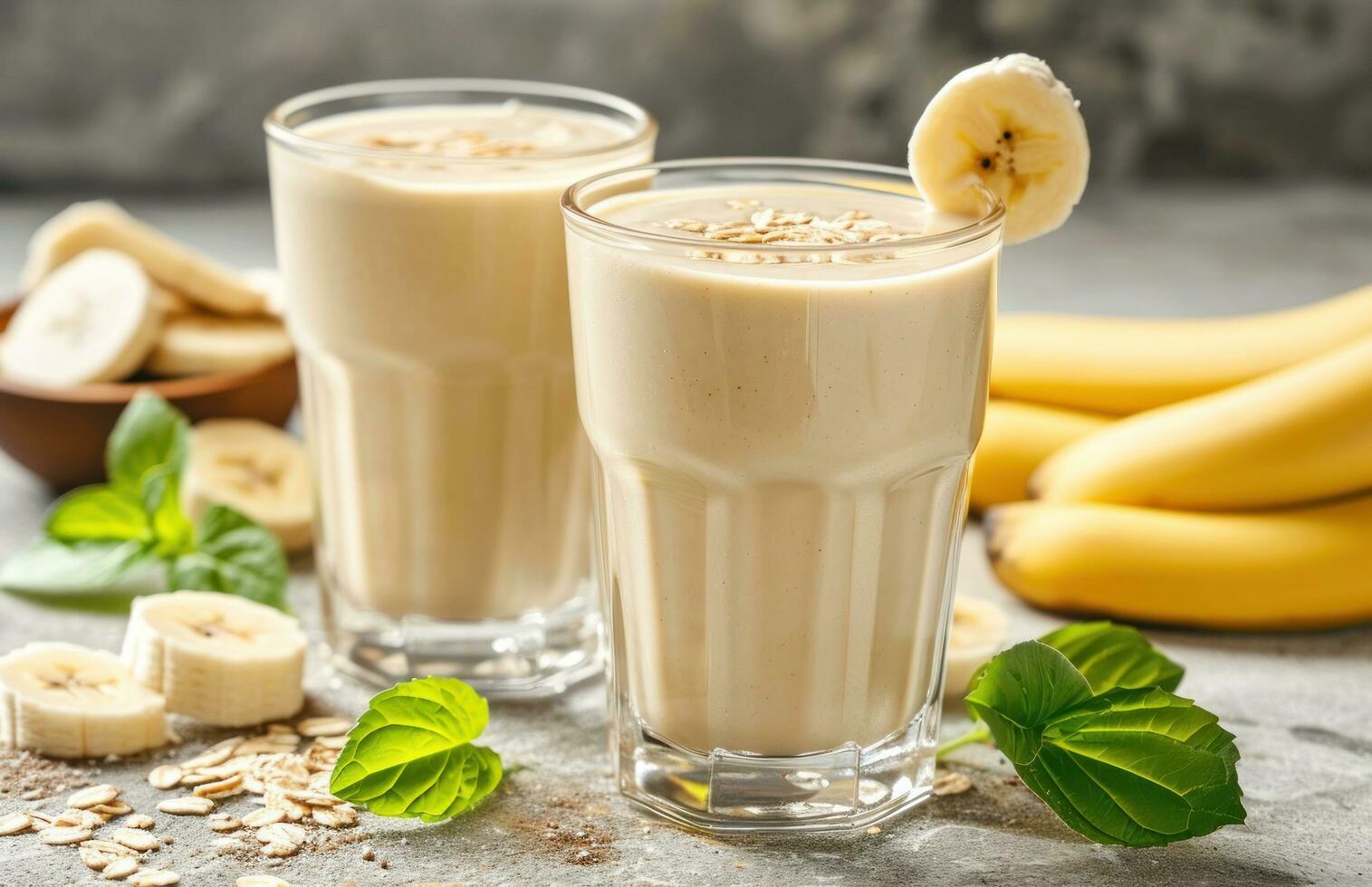 AI generated two glasses with banana smoothies photo