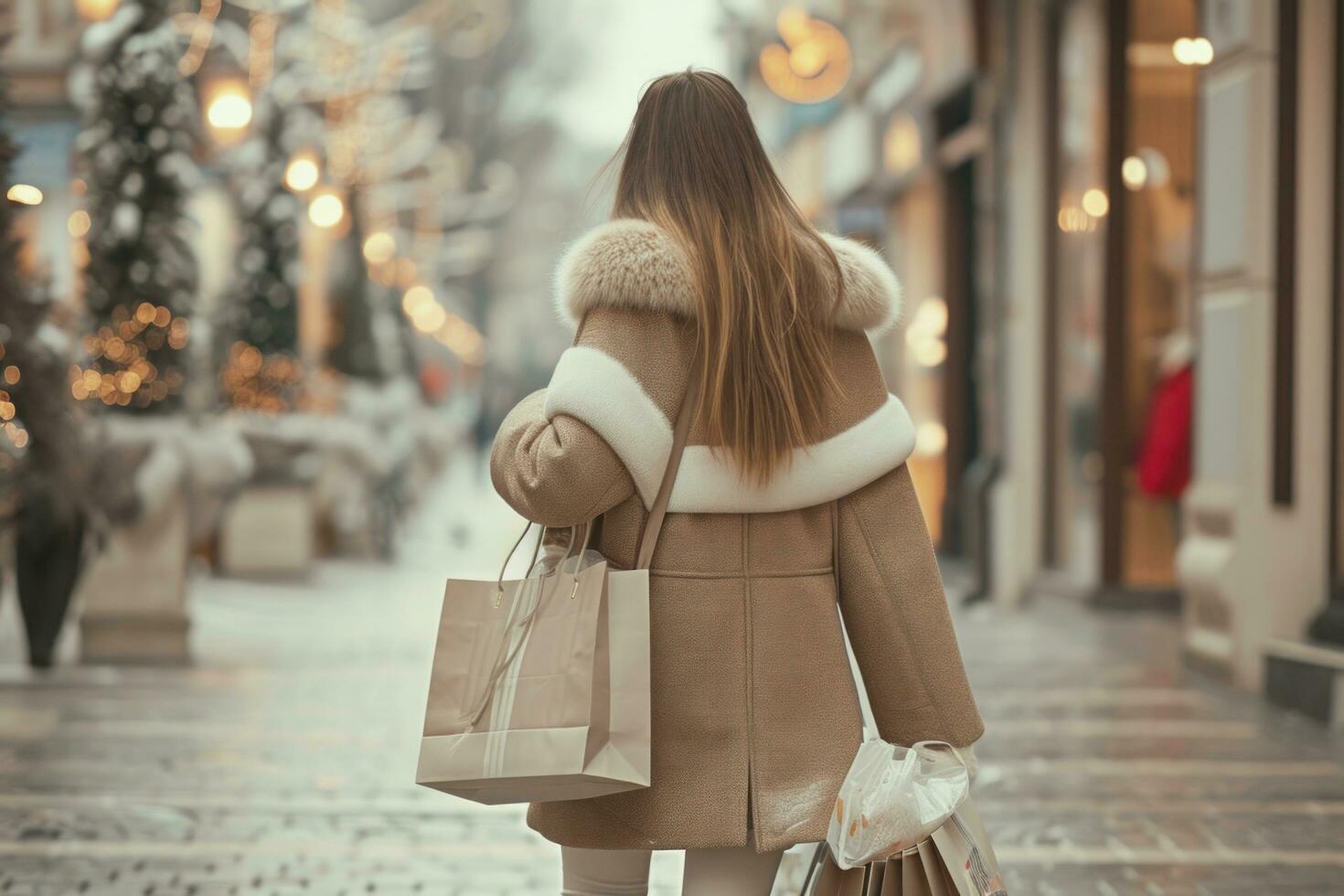 AI generated young girl walking with her shopping bags in the street photo