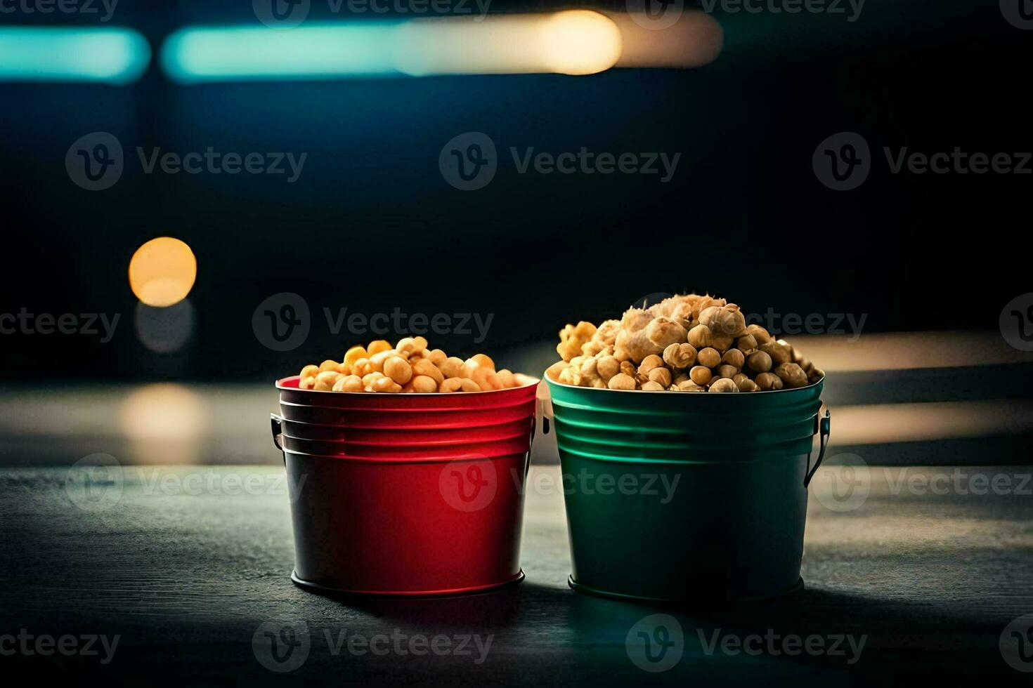 AI generated two buckets of popcorn on a table photo