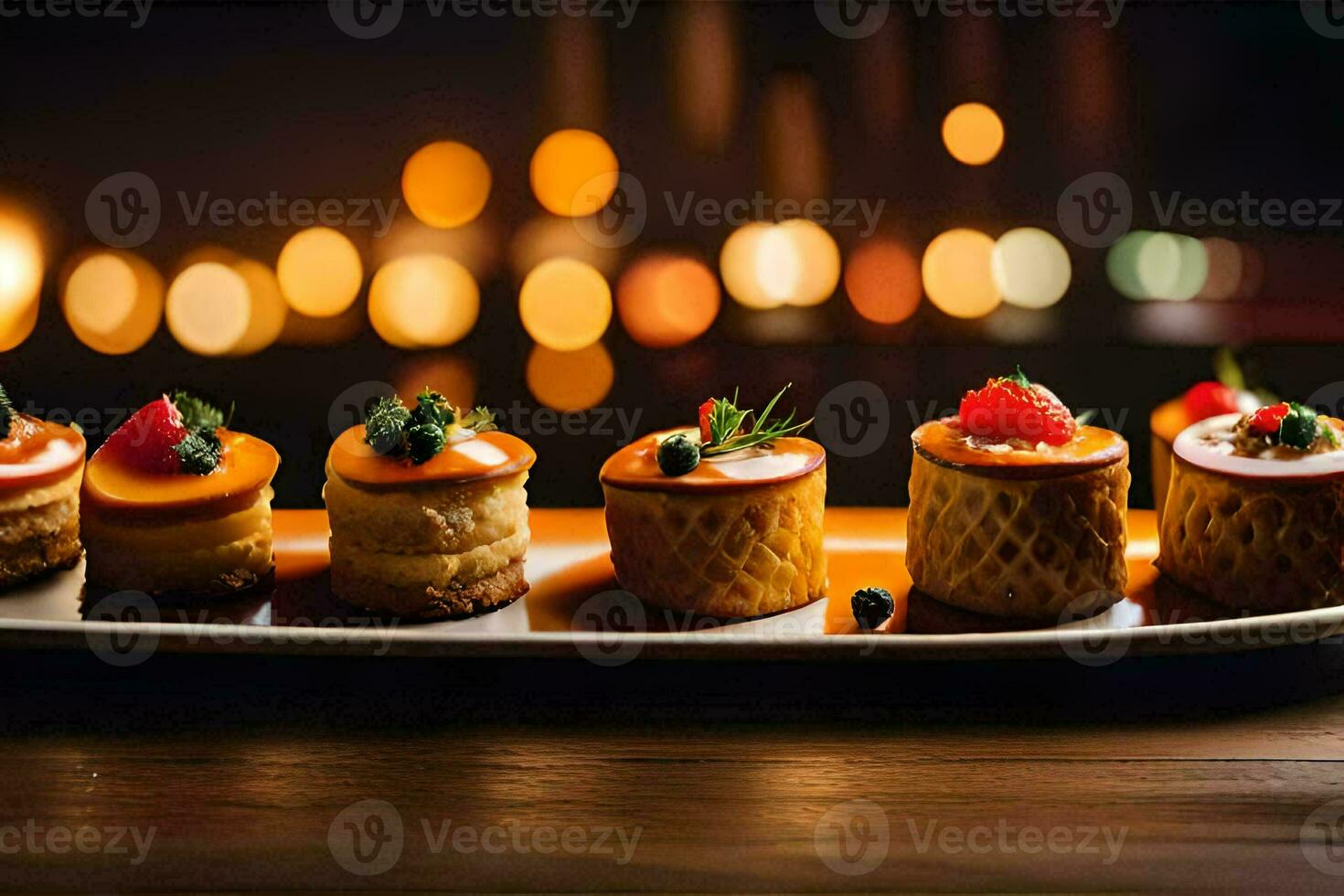 AI generated a platter of small desserts on a wooden table photo