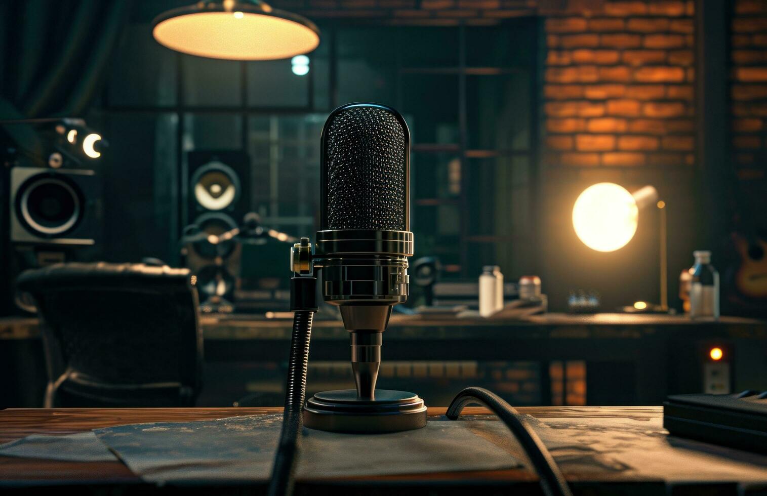 ai generado un micrófono se sienta en un escritorio en un grabación estudio foto