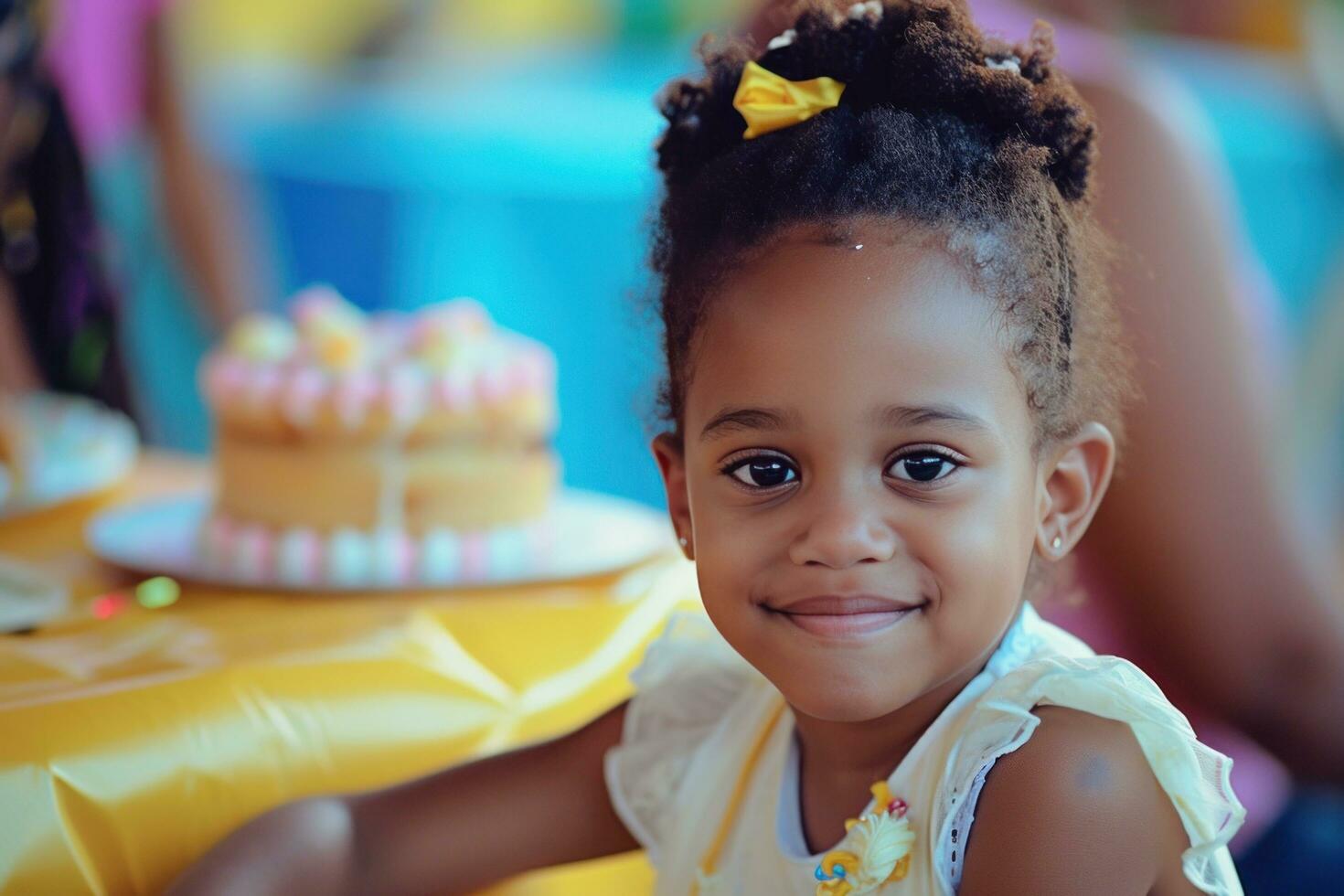 ai generado un pequeño niña es sentado a un fiesta mesa con un pastel en su mano foto