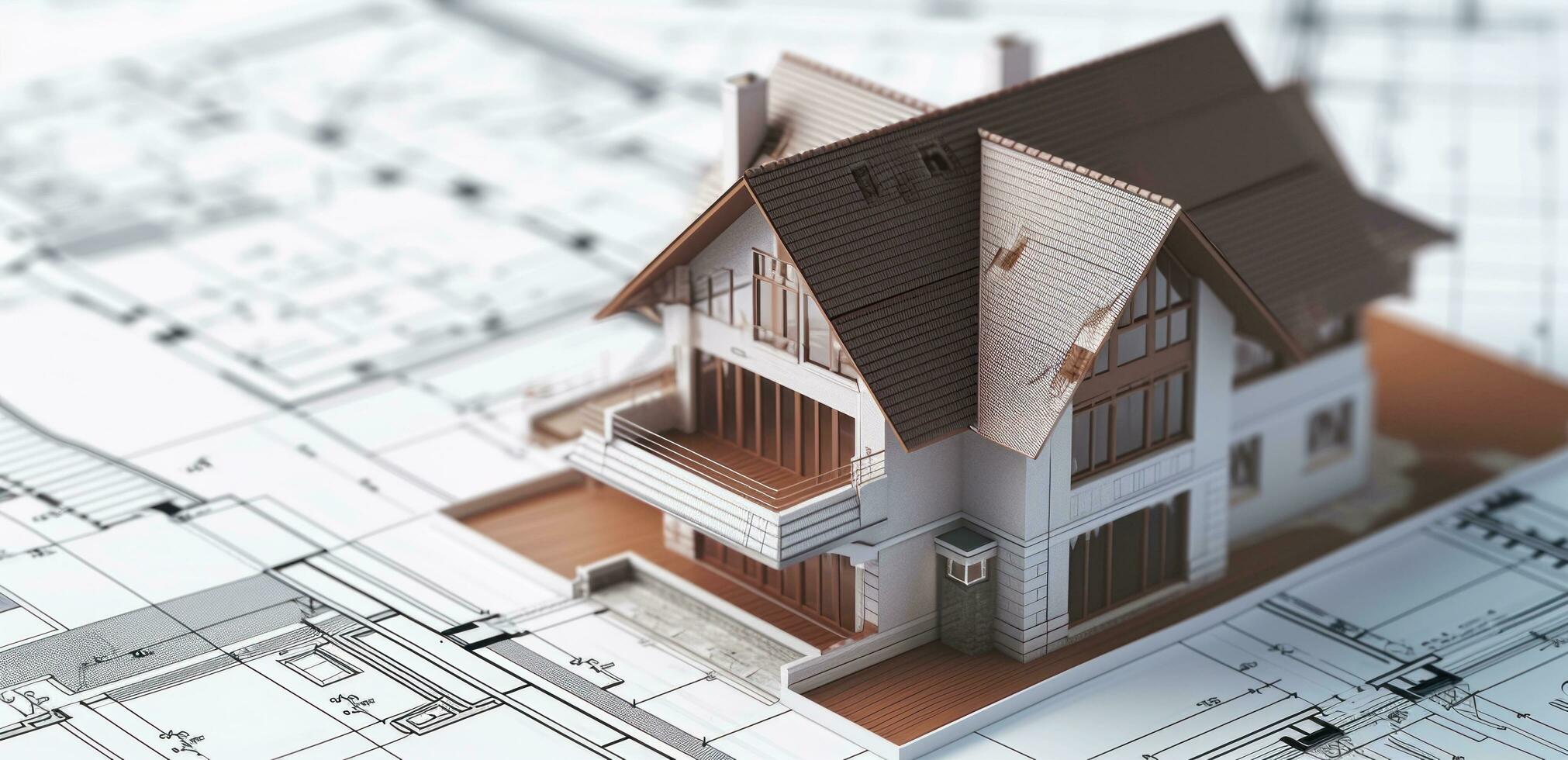 AI generated a model home sitting on a table with various architectural drawings, photo