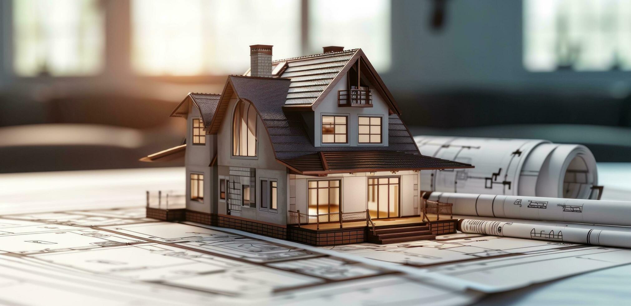 AI generated a model home sitting on a table with various architectural drawings, photo