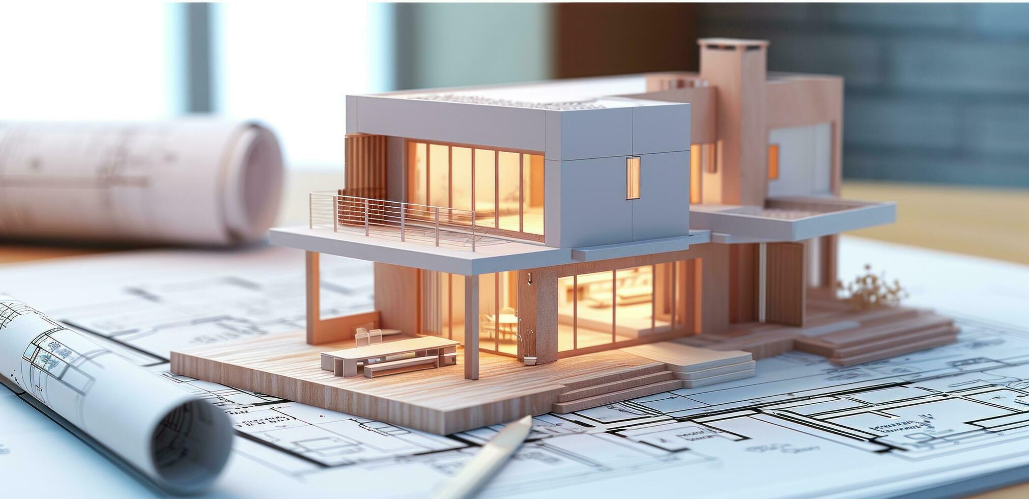 AI generated a model home sitting on a table with various architectural drawings, photo