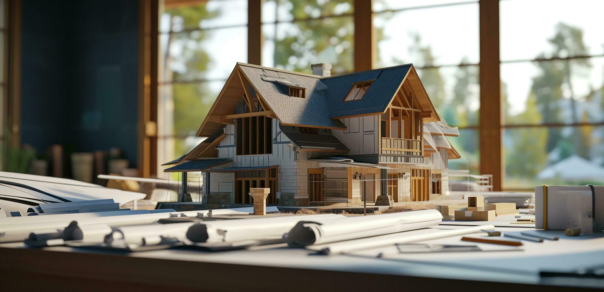 AI generated a model home sitting on a table with various architectural drawings, photo