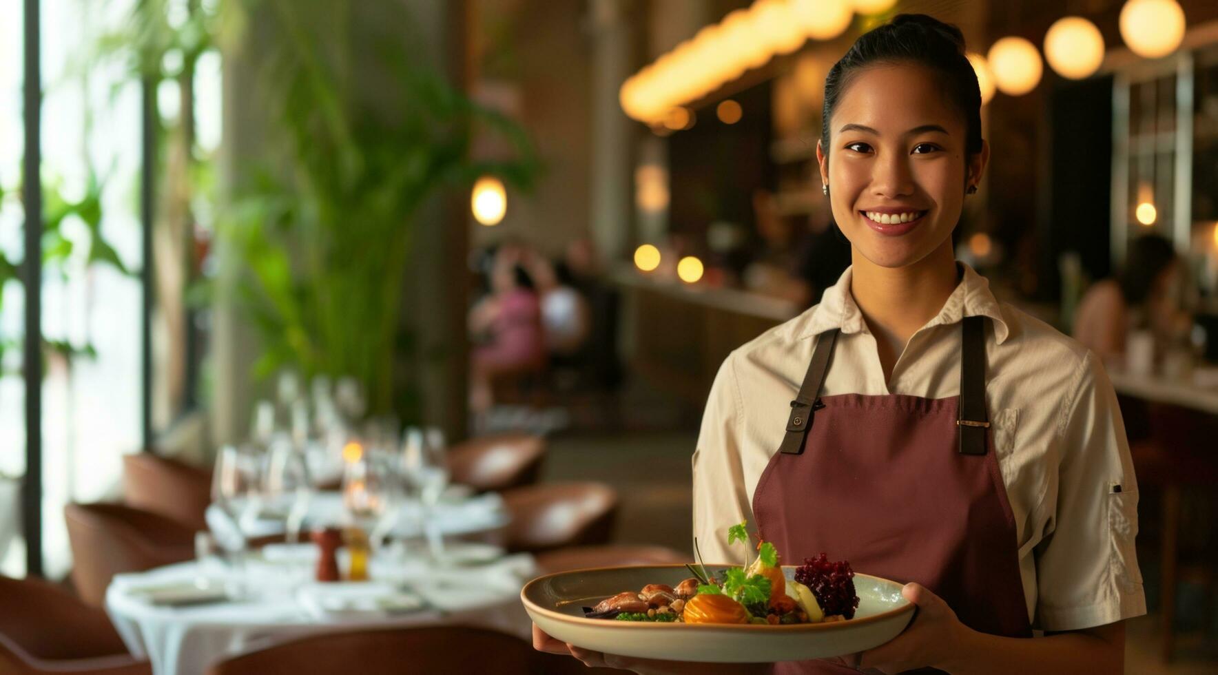 AI generated a server holds a plate of food in a restaurant photo