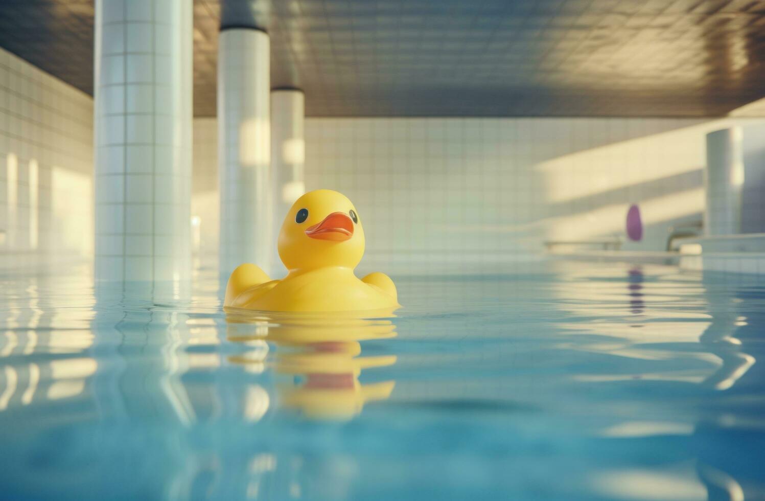 ai generado un caucho Pato en el piscina con algunos Dom luces foto