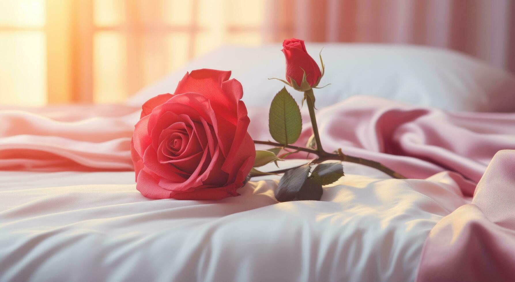 AI generated a bed with a pink rose on top of petal photo
