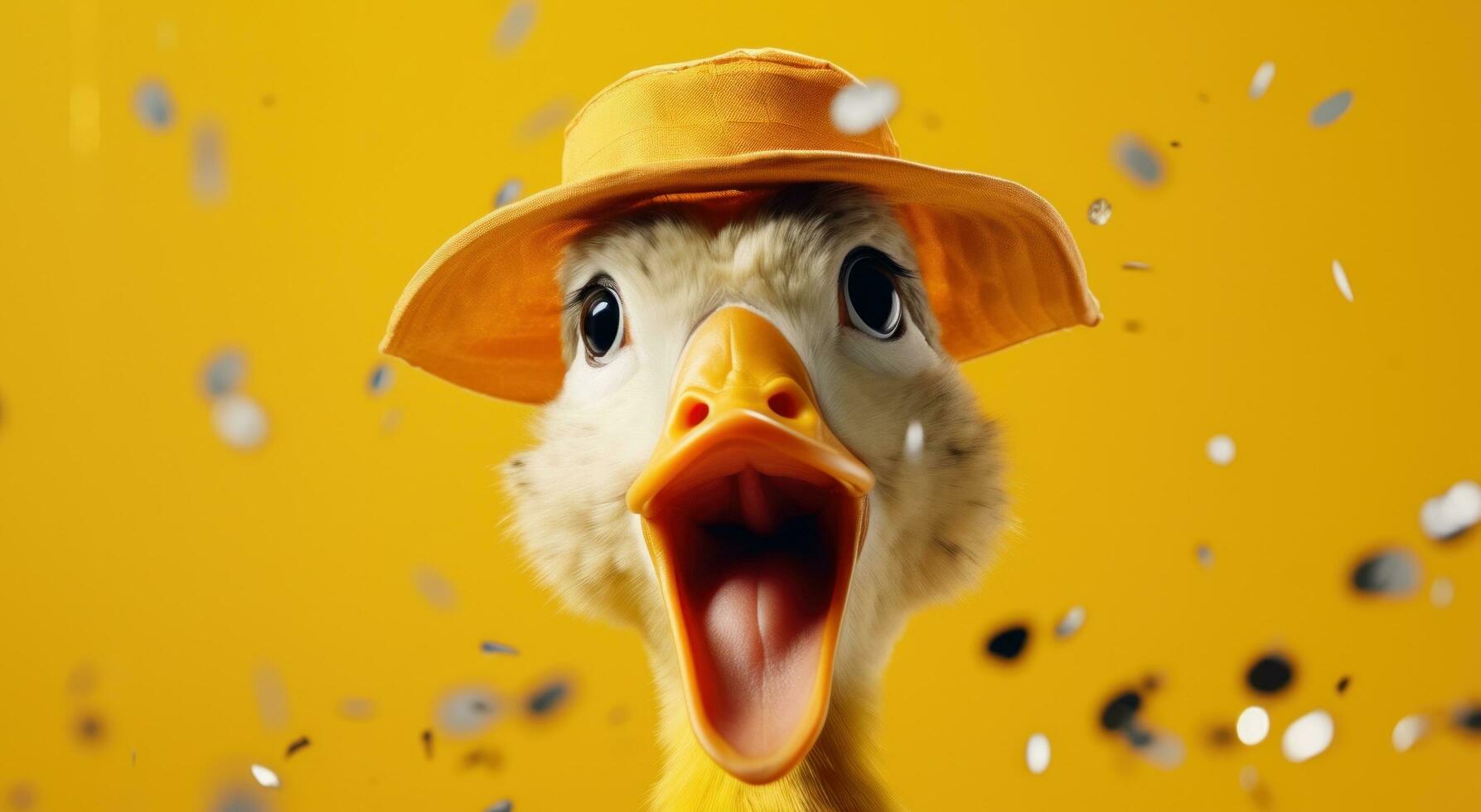 AI generated a duck in a party hat with confetti all over photo