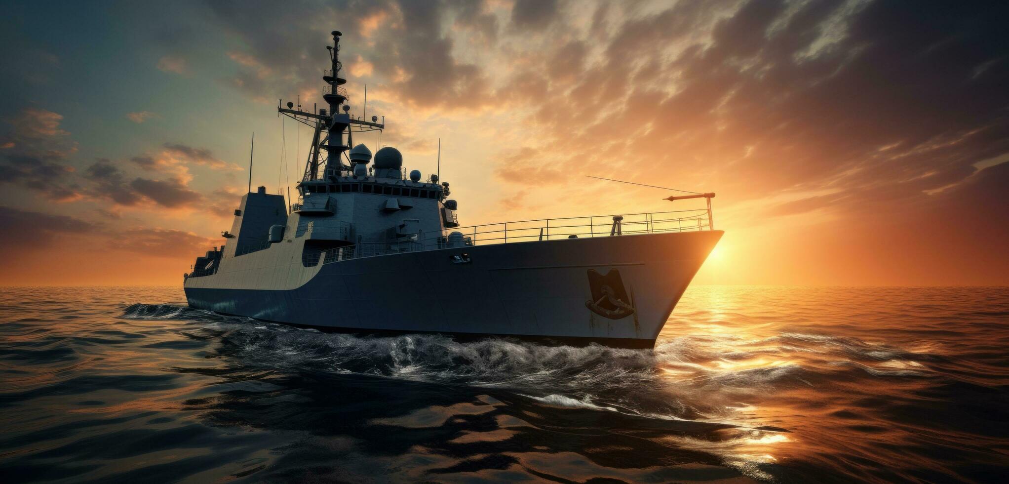 ai generado un militar Embarcacion de viaje en el agua a puesta de sol foto