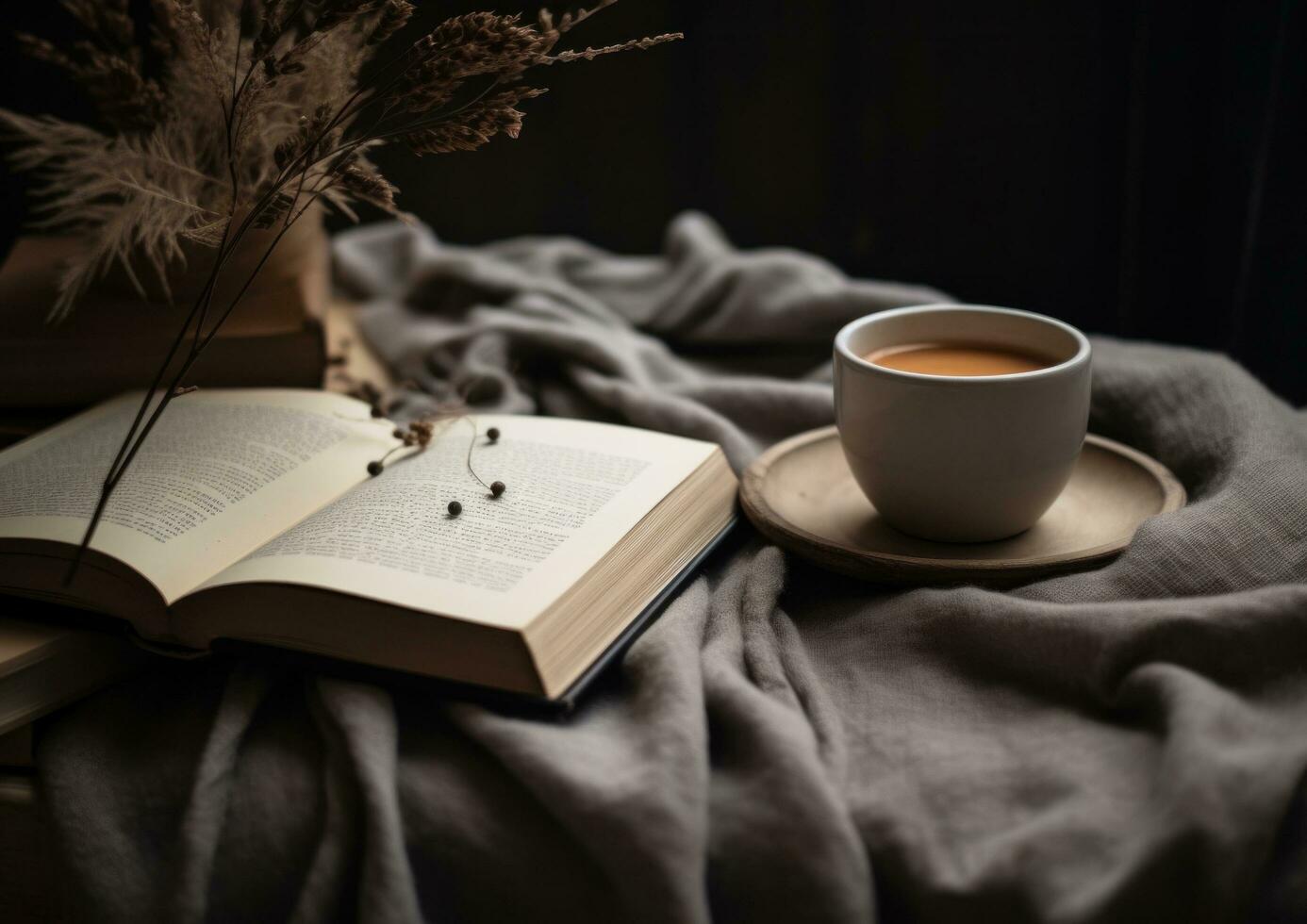 AI generated a coffee cup near a printed book and a blanket photo