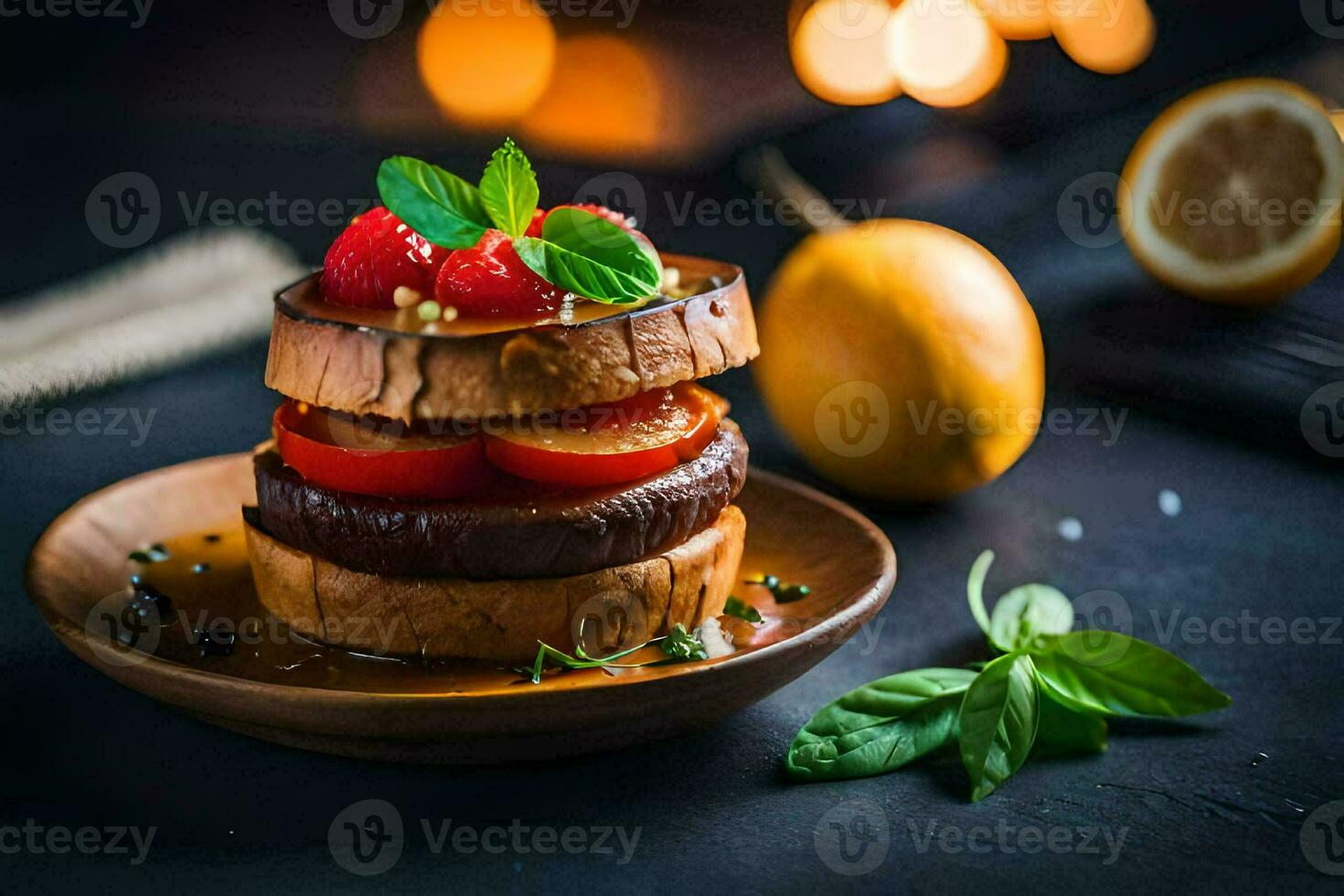 AI generated a stack of pancakes with tomatoes and basil photo