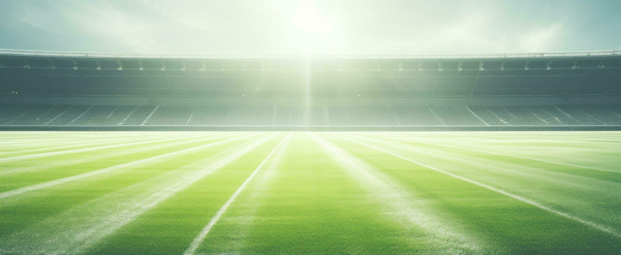 AI generated green soccer field with sun shining through on yellow grass photo