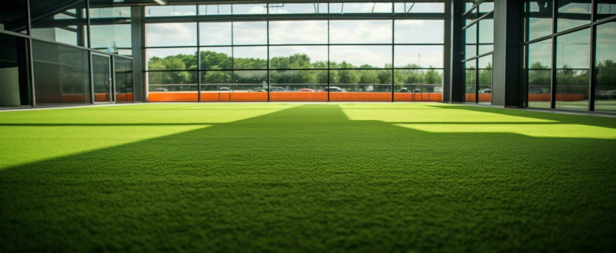 AI generated a green field with artificial grass and some sunbeams photo