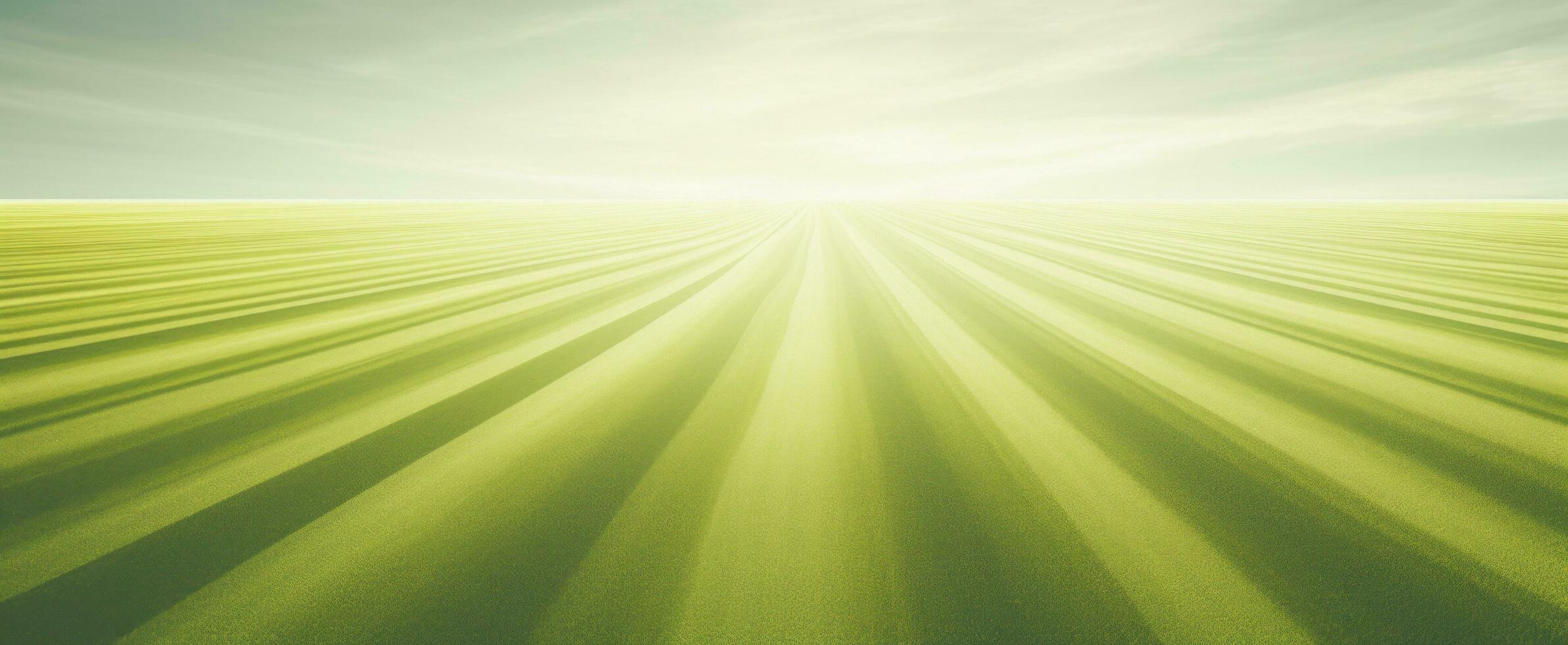 AI generated green soccer field with sun shining through on yellow grass photo