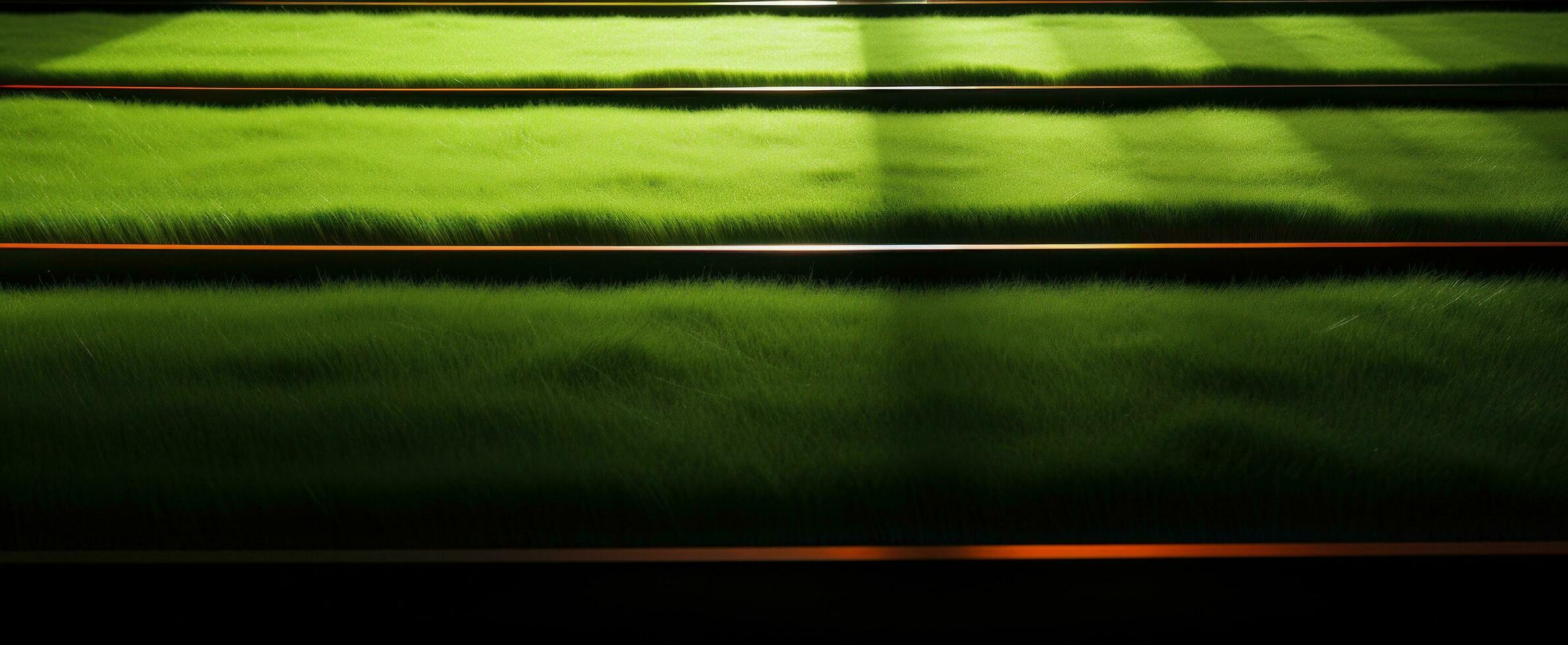 AI generated a green field with artificial grass and some sunbeams photo