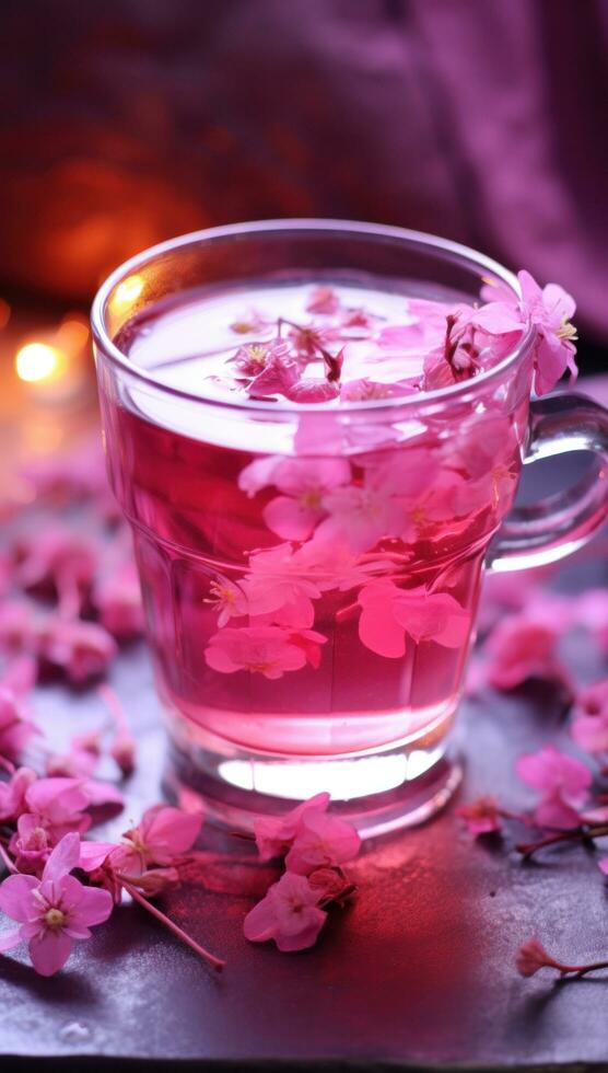 AI generated a cup of pink tea with flowers in it photo