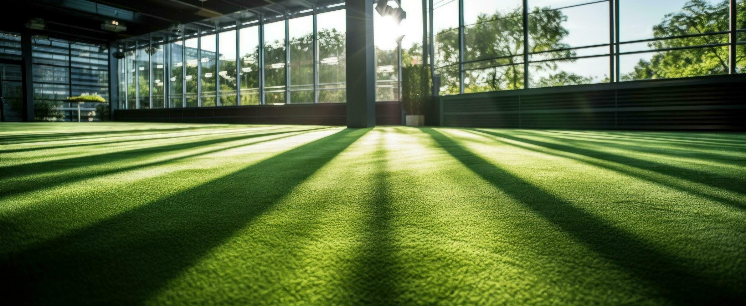 AI generated a green field with artificial grass and some sunbeams photo