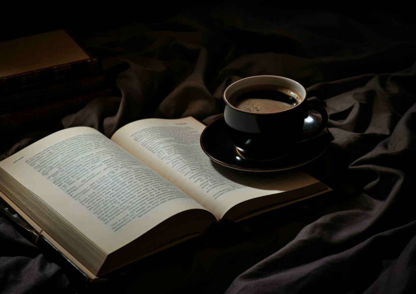 AI generated a cup cup of coffee with a book on top of a bed photo