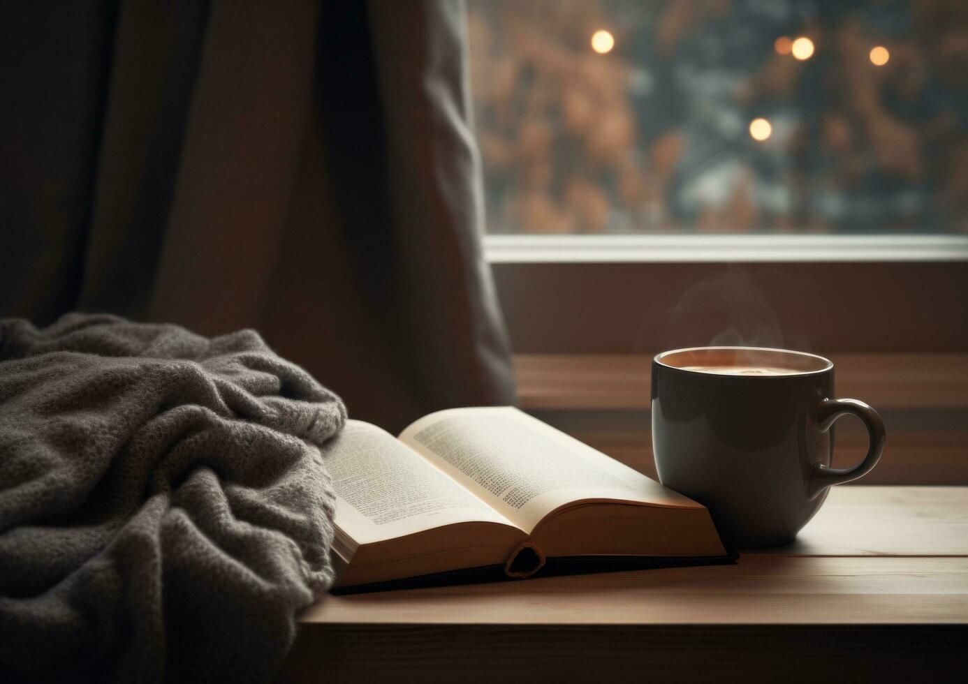 AI generated a coffee cup near a printed book and a blanket photo