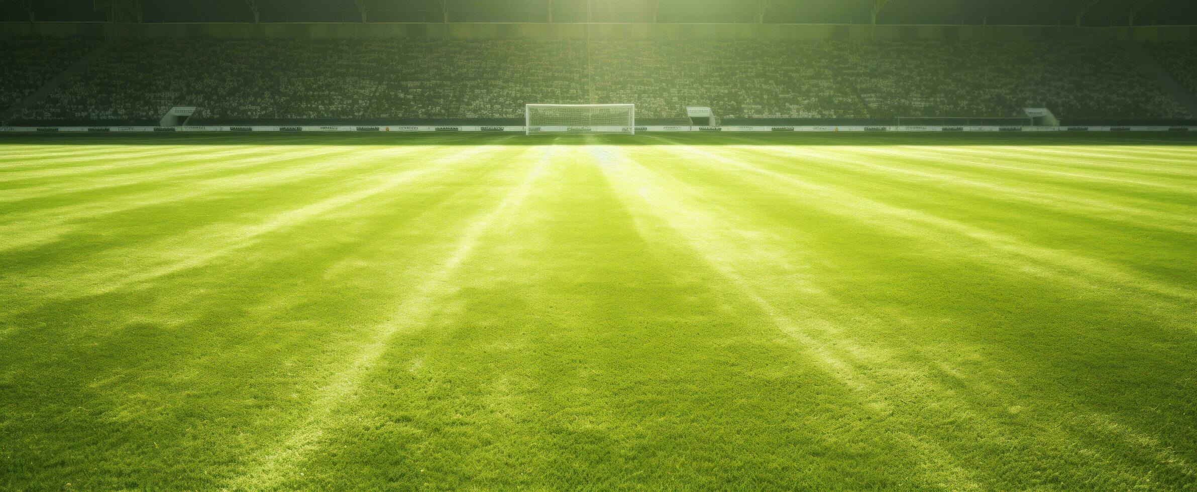 ai generado verde fútbol campo con Dom brillante mediante en amarillo césped foto