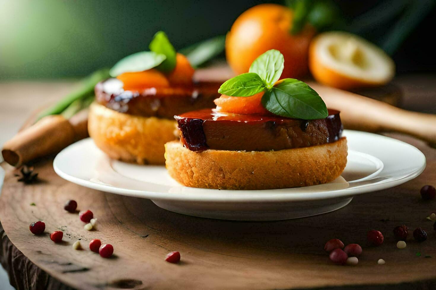 two small sandwiches with meat and vegetables on a plate. AI-Generated photo