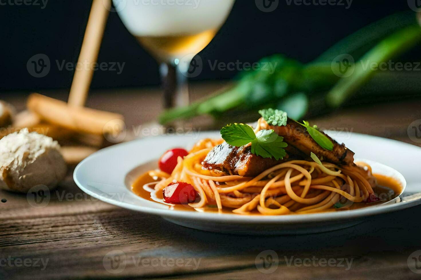 AI generated spaghetti with meat and vegetables on a plate photo