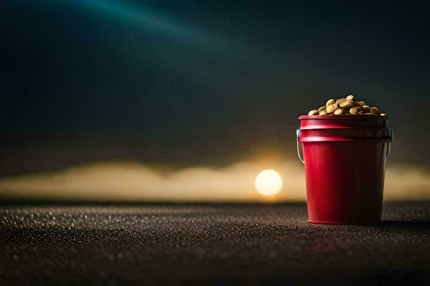 a red bucket filled with peanuts on a dark background. AI-Generated photo