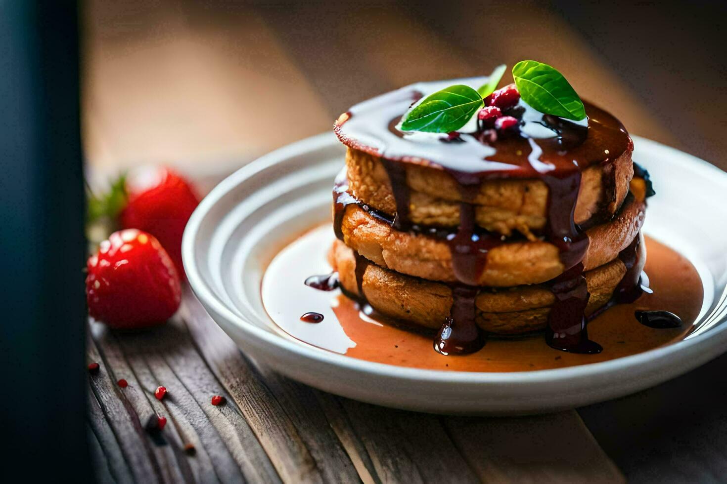 stack of pancakes with chocolate sauce and strawberries. AI-Generated photo