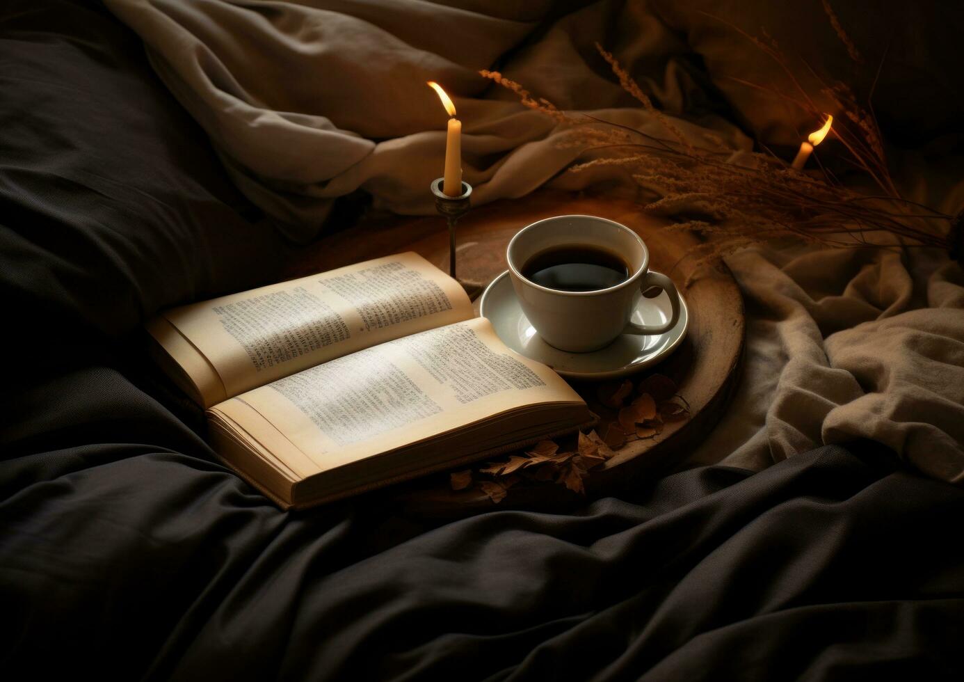 AI generated a cup cup of coffee with a book on top of a bed photo