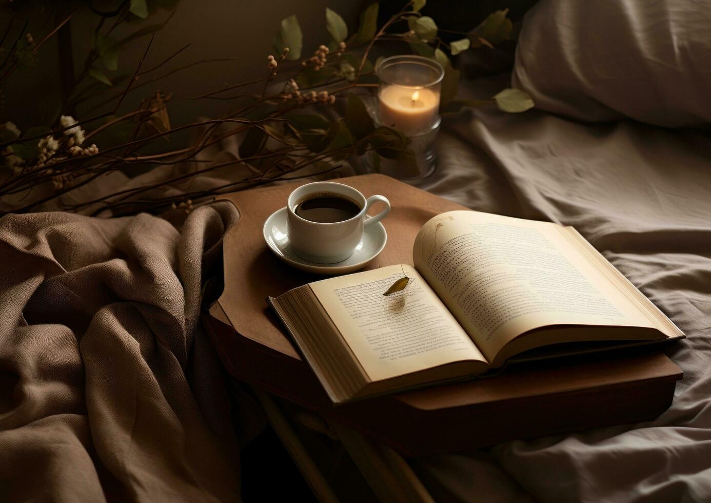 AI generated a cup cup of coffee with a book on top of a bed photo