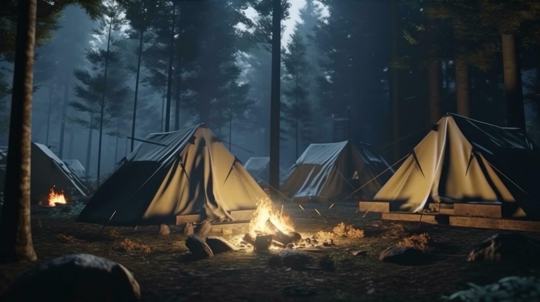 AI generated a tent and tents are set up at an outdoor campsite around the campfire photo