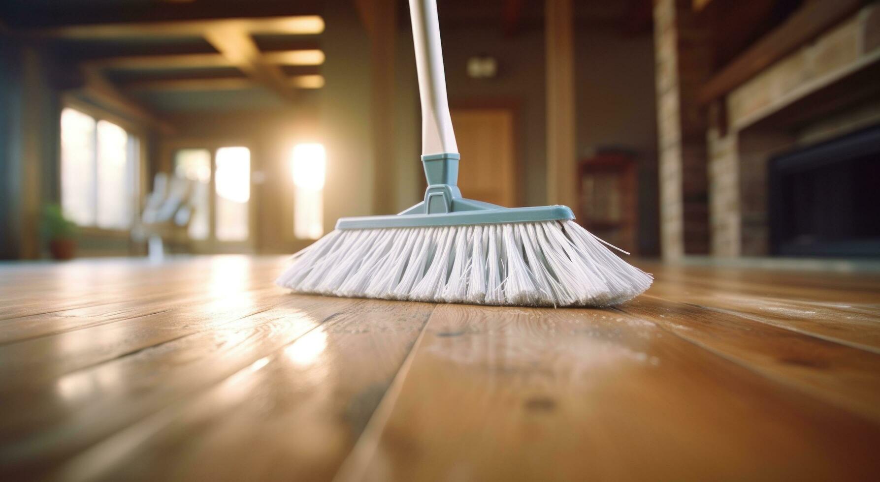 AI generated brooming a hardwood floor with white broom photo