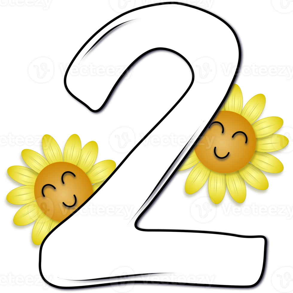 Hand drawn number two decorated with smiling sunflower png