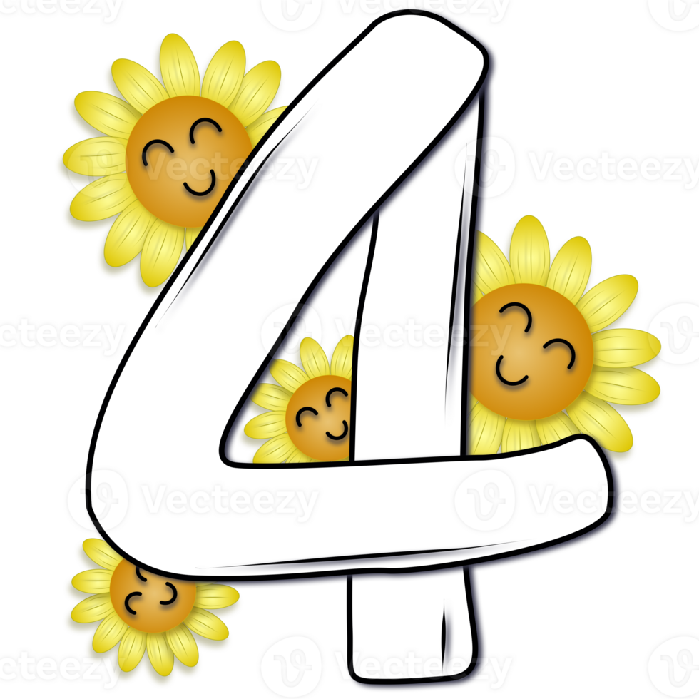 Hand gezeichnet Nummer vier dekoriert mit lächelnd Sonnenblume png