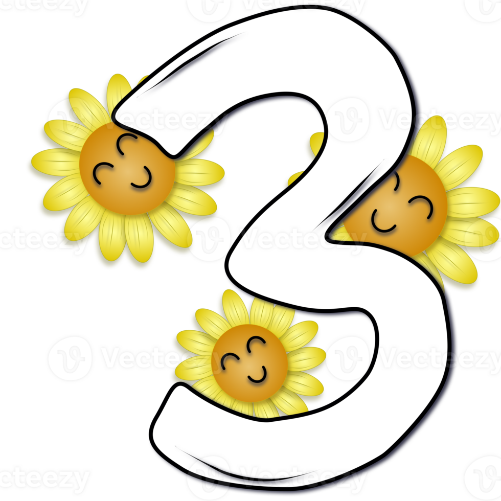 Hand drawn number three decorated with smiling sunflower png